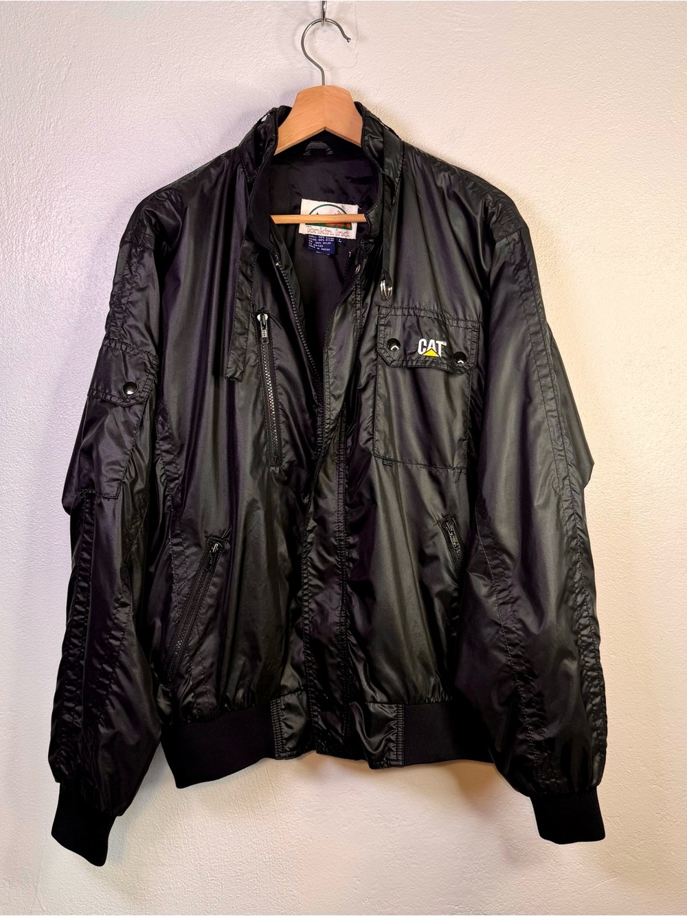 Vintage 80s Tonkin CAT Caterpillar Satin Bomber Jacket Black Nylon Men's Large
